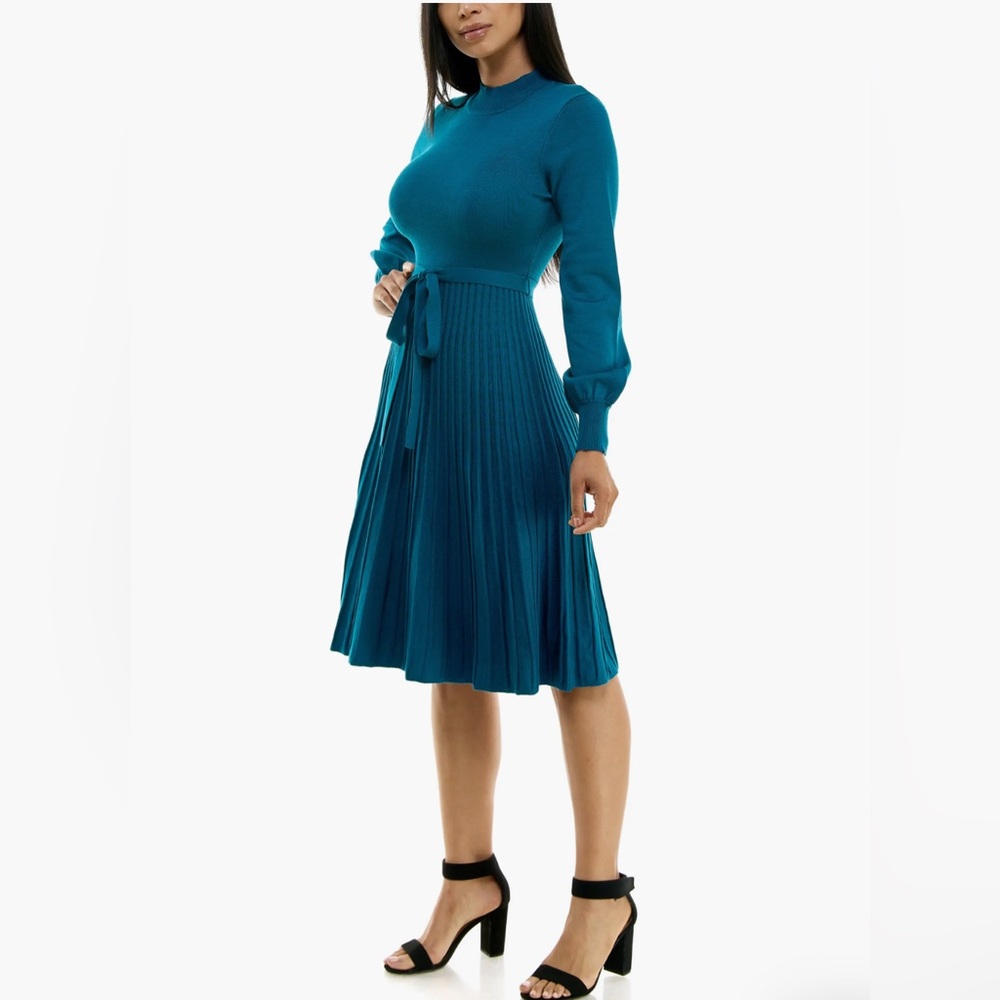Nina Leonard Balloon sleeve knitted dress Parisian modern polished pleated heavy